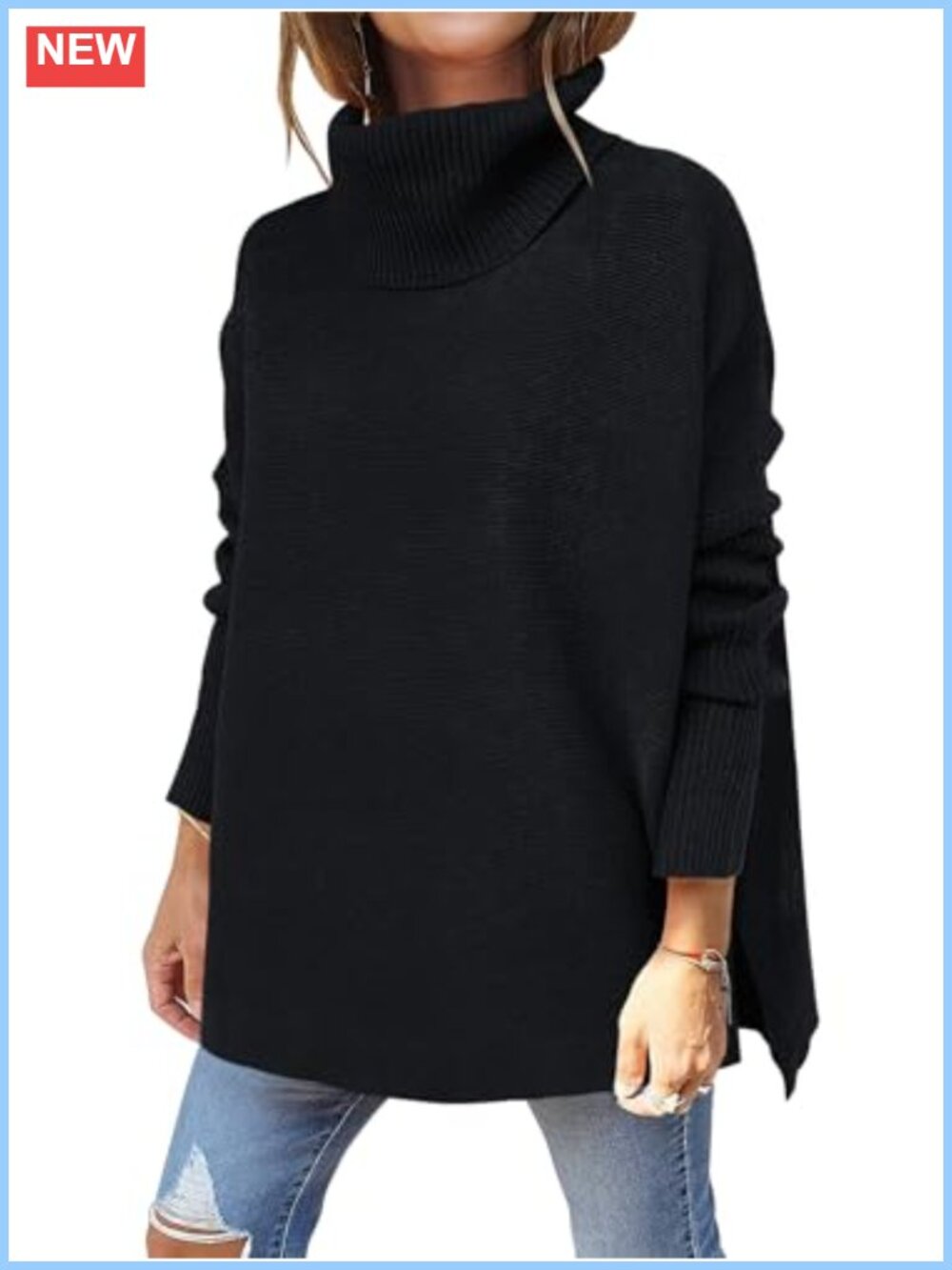 Oversized Turtleneck Sweater Batwing Sleeve High Low Hem Pullover